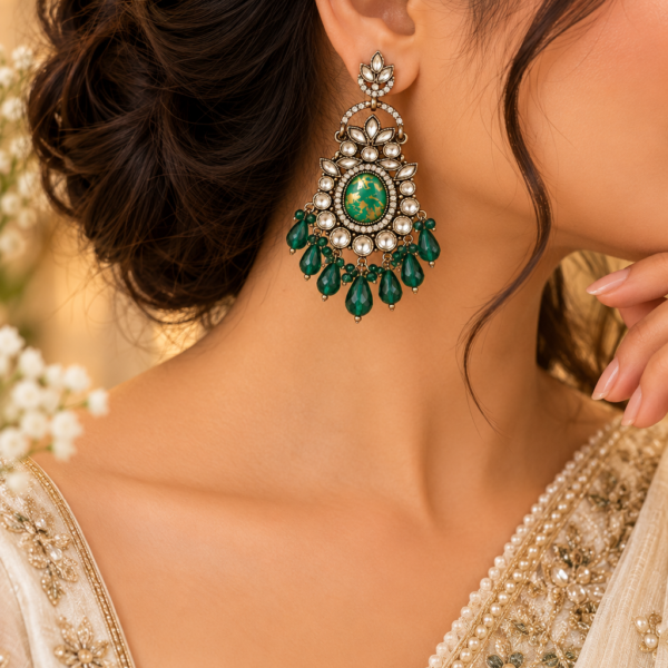 Nyveera Rajsi Emerald Green Antique-Finish Statement Earrings