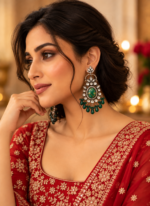 Nyveera Rajsi Emerald Green Antique-Finish Statement Earrings - Image 7