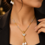 Nyveera Petal Eclat Heart Pearl Drop CZ Necklace & Earrings Set