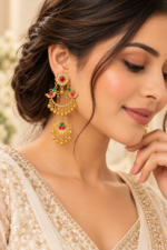 Nyveera Rajsi Kashmiri Ruby Red & Emerald Green Chandbali Statement Earrings