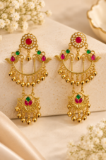 Nyveera Rajsi Kashmiri Ruby Red & Emerald Green Chandbali Statement Earrings - Image 2