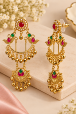 Nyveera Rajsi Kashmiri Ruby Red & Emerald Green Chandbali Statement Earrings - Image 3