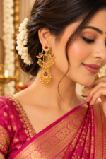 Nyveera Rajsi Kashmiri Ruby Red & Emerald Green Chandbali Statement Earrings - Image 5