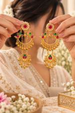 Nyveera Rajsi Kashmiri Ruby Red & Emerald Green Chandbali Statement Earrings - Image 6