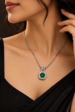 Nyveera Elan Emerald Green CZ Square Halo Pendant Necklace