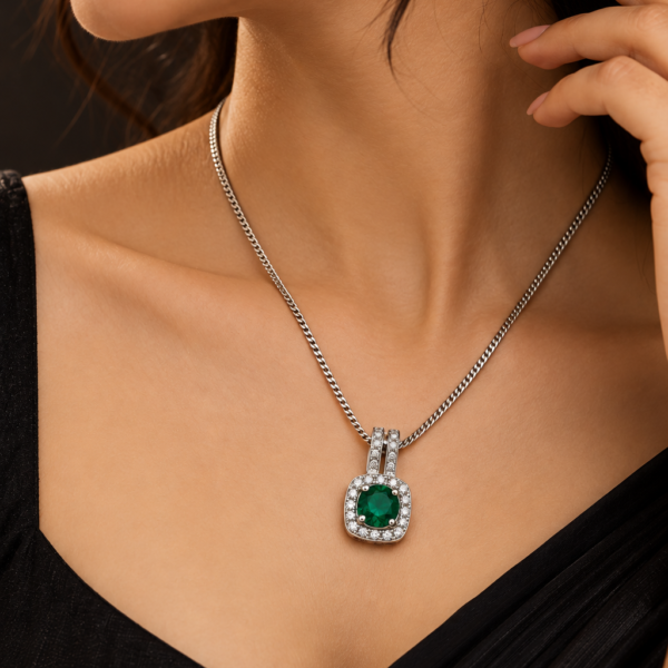 Nyveera Elan Emerald Green CZ Square Halo Pendant Necklace