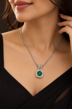 Nyveera Elan Emerald Green CZ Square Halo Pendant Necklace - Image 2
