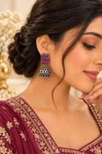 Nyveera Raaga Ruby Red Stone Oxidised Dome Jhumka Earrings
