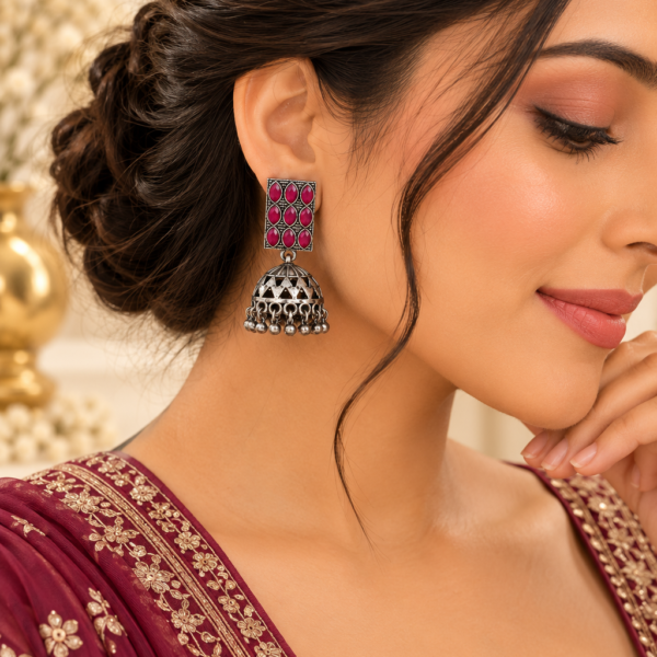 Nyveera Raaga Ruby Red Stone Oxidised Dome Jhumka Earrings