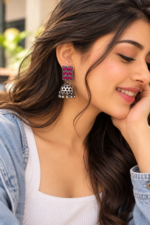 Nyveera Raaga Ruby Red Stone Oxidised Dome Jhumka Earrings - Image 5