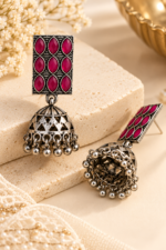 Nyveera Raaga Ruby Red Stone Oxidised Dome Jhumka Earrings - Image 6