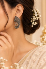 Nyveera Raaga Peacock Motif Oxidised Silver-Tone Statement Earrings