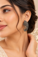 Nyveera Raaga Peacock Motif Oxidised Silver-Tone Statement Earrings - Image 4