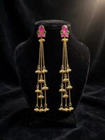 Pink Green Stone Gold-Tone Jhumka Chain Earrings - Image 2