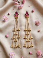 Pink Green Stone Gold-Tone Jhumka Chain Earrings