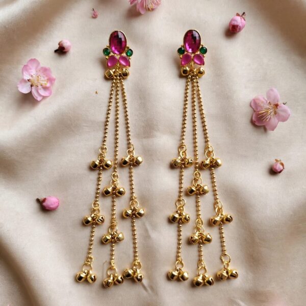 Pink Green Stone Gold-Tone Jhumka Chain Earrings