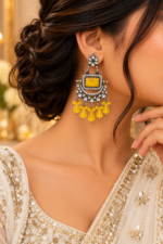 Nyveera Rajsi Oxidised Silver-Tone Yellow Shaded Stone Statement Drop Earrings