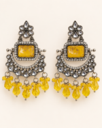 Nyveera Rajsi Oxidised Silver-Tone Yellow Shaded Stone Statement Drop Earrings - Image 2