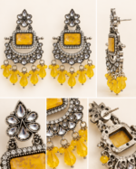 Nyveera Rajsi Oxidised Silver-Tone Yellow Shaded Stone Statement Drop Earrings - Image 3