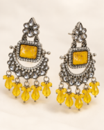 Nyveera Rajsi Oxidised Silver-Tone Yellow Shaded Stone Statement Drop Earrings - Image 4
