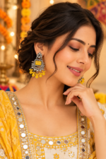 Nyveera Rajsi Oxidised Silver-Tone Yellow Shaded Stone Statement Drop Earrings - Image 6